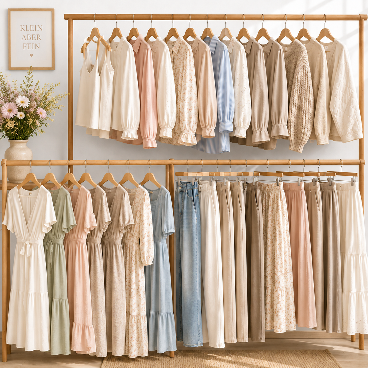 Damenbekleidung mit Pullover, Bluse, Rock und Hose in natürlichen Farben