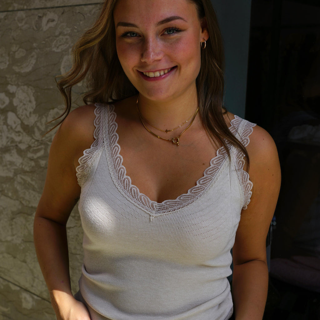 Lace Rib Top - Beige