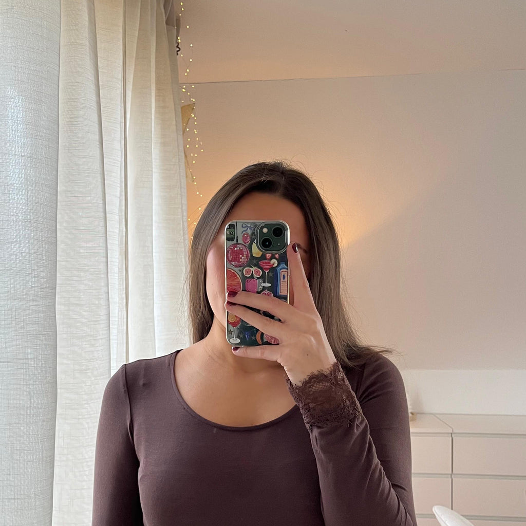 Basic Longsleeve „Liv“ mit Spitzen-Detail – Braun