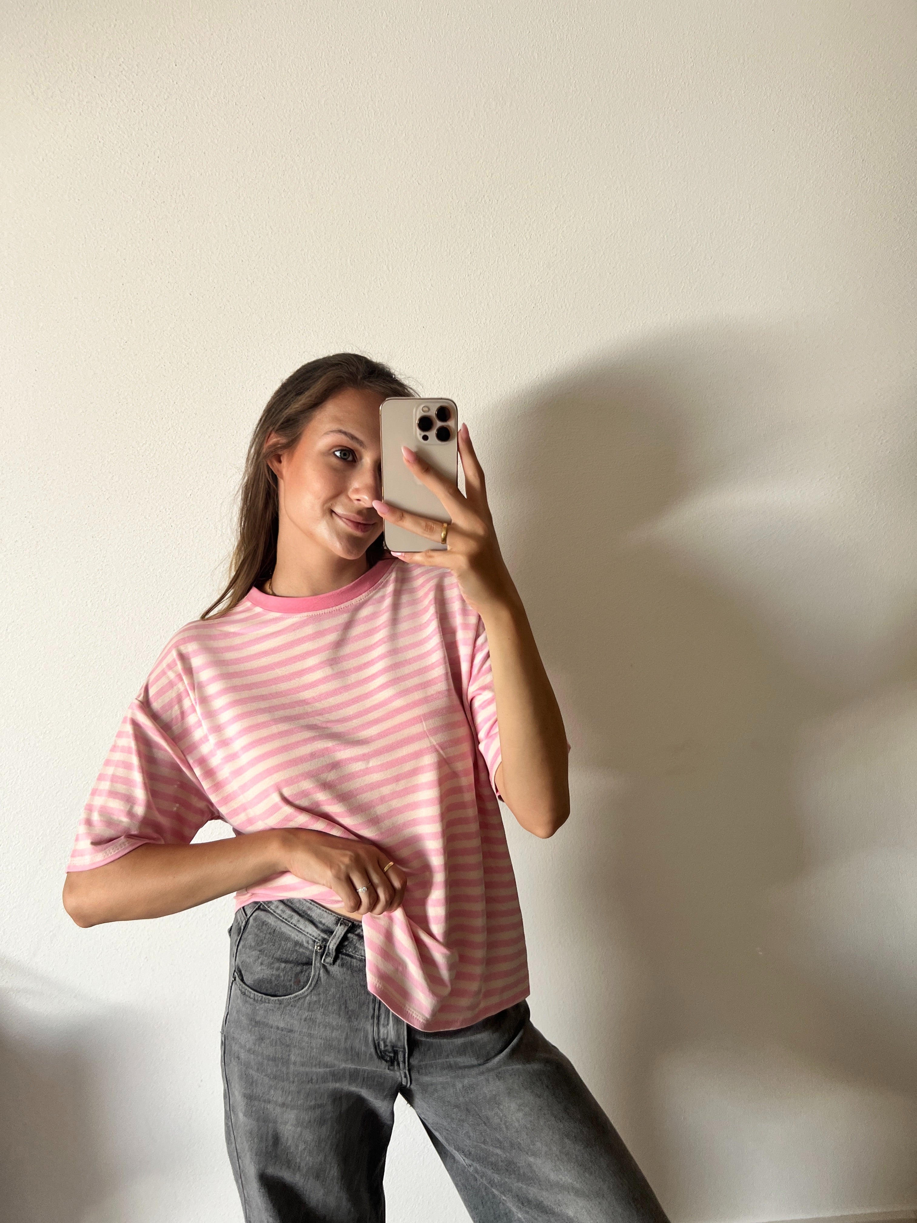 Lässiges Streifen T-Shirt – Puder/Rosa