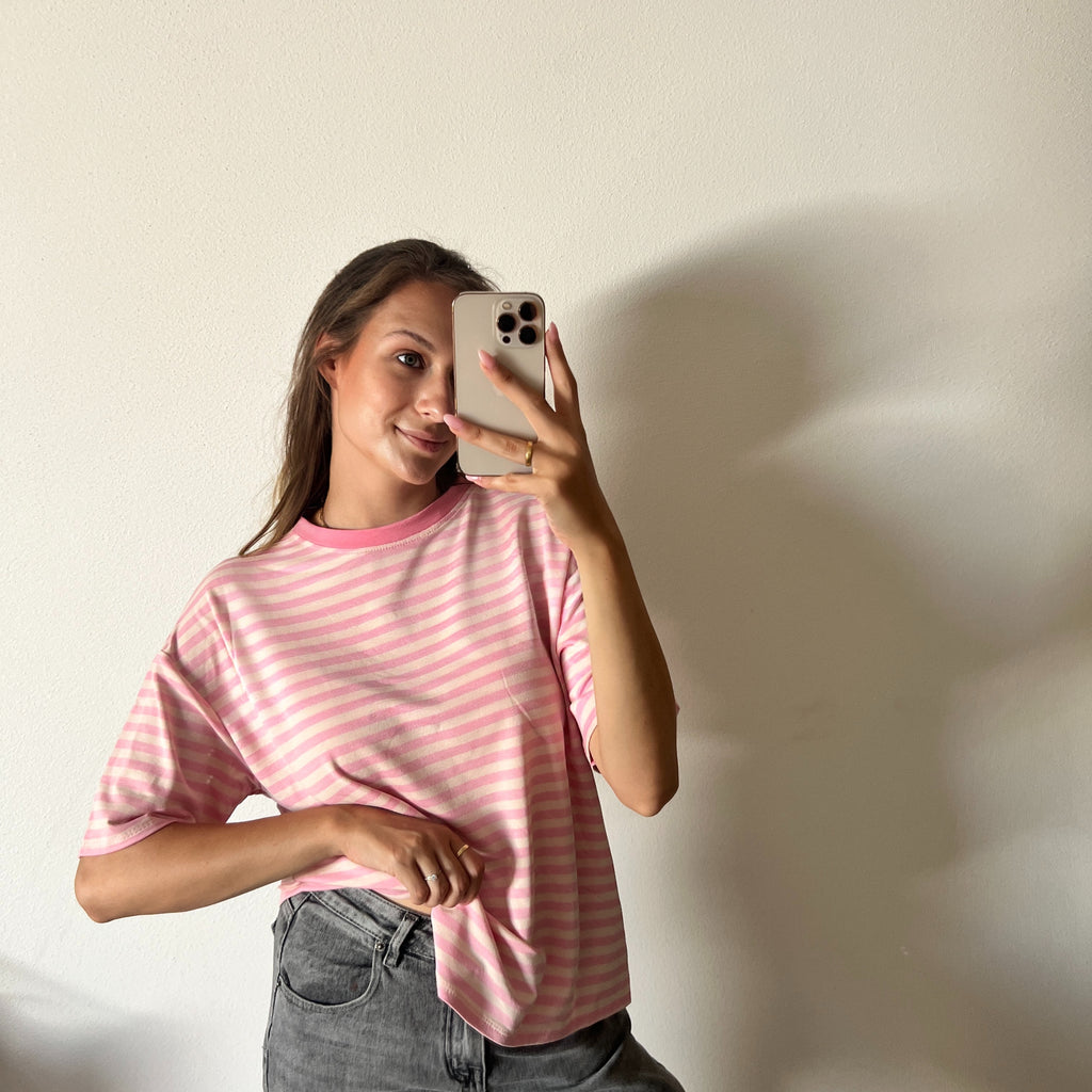 Lässiges Streifen T-Shirt – Puder/Rosa