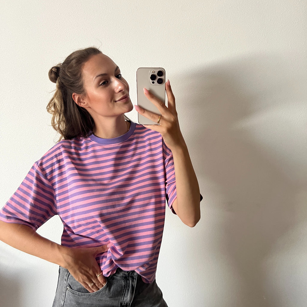 Lässiges Streifen T-Shirt – Flieder/Rosa