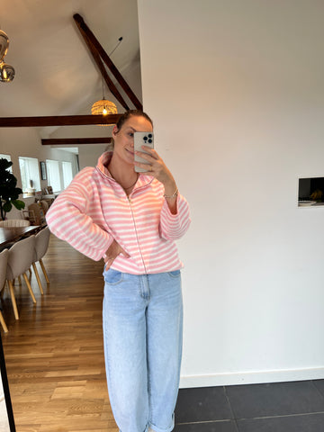 Zip-Strickjacke „Rosalie“ – Rosa/Weiß gestreift