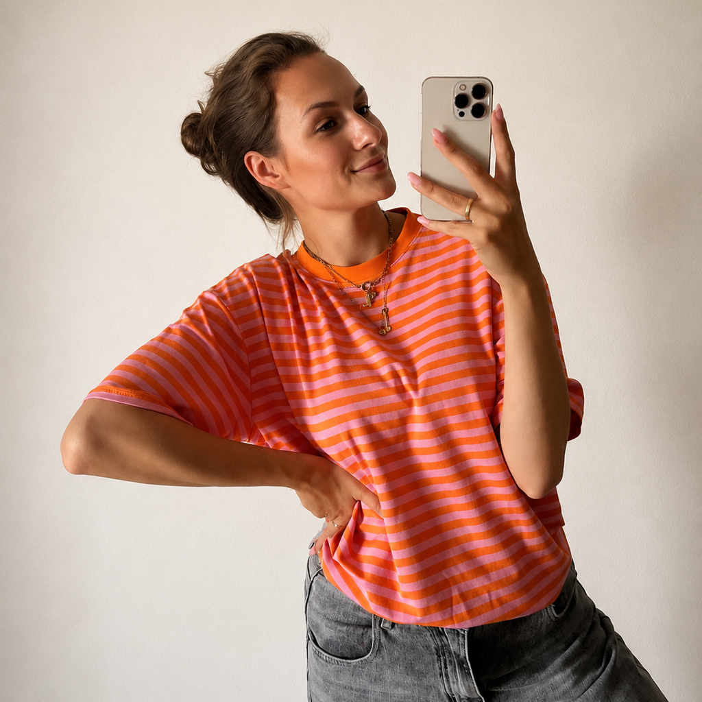 Lässiges Streifen T-Shirt – Orange/Rosa
