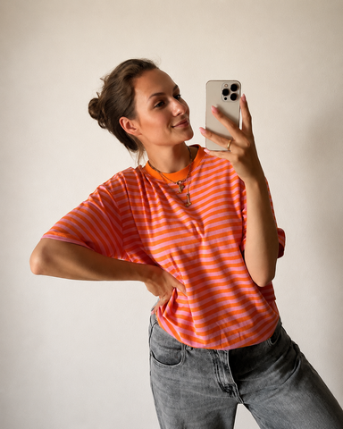 Lässiges Streifen T-Shirt – Orange/Rosa
