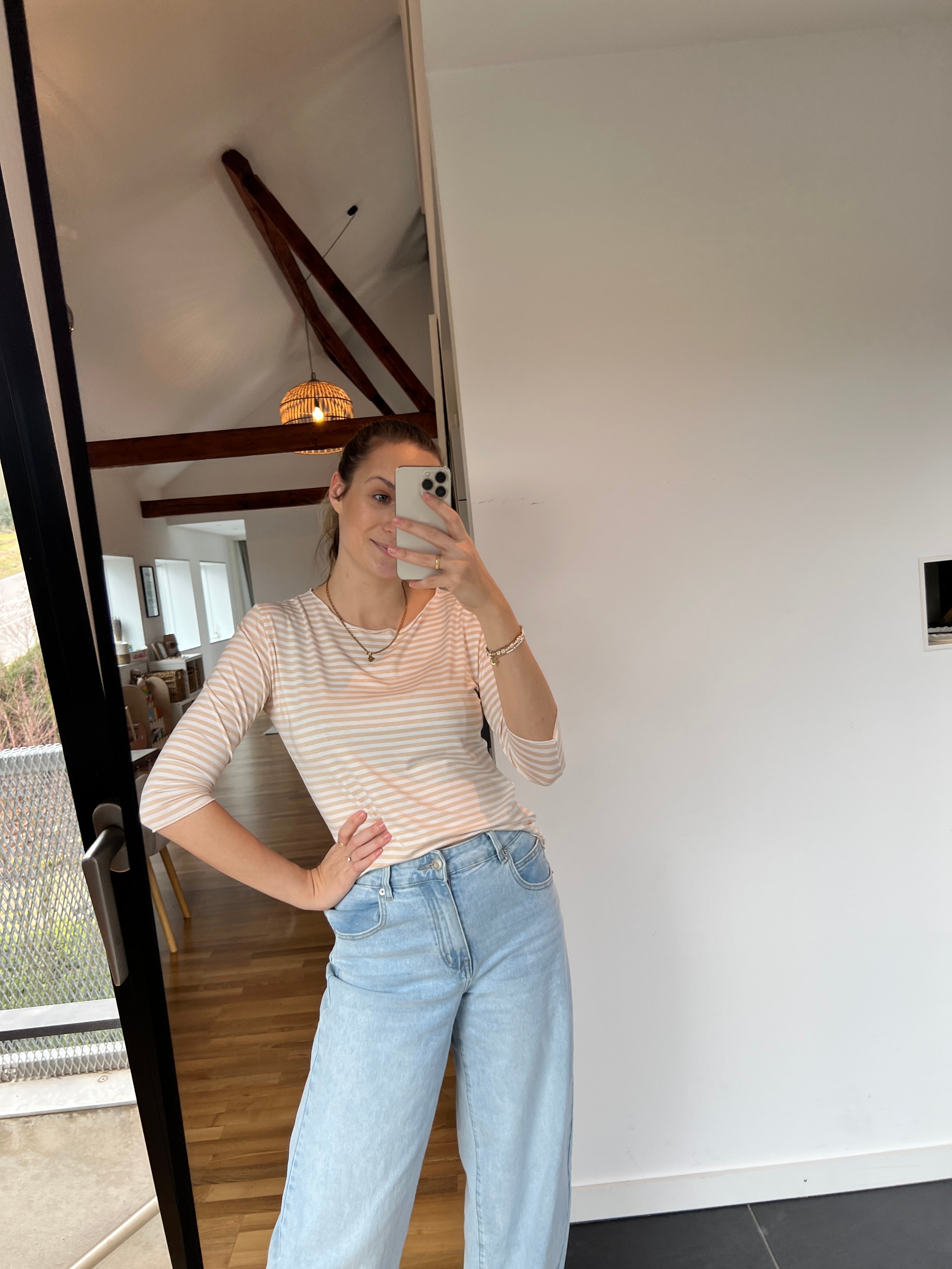 Streifenoberteil „Nola“ – Beige/Weiß