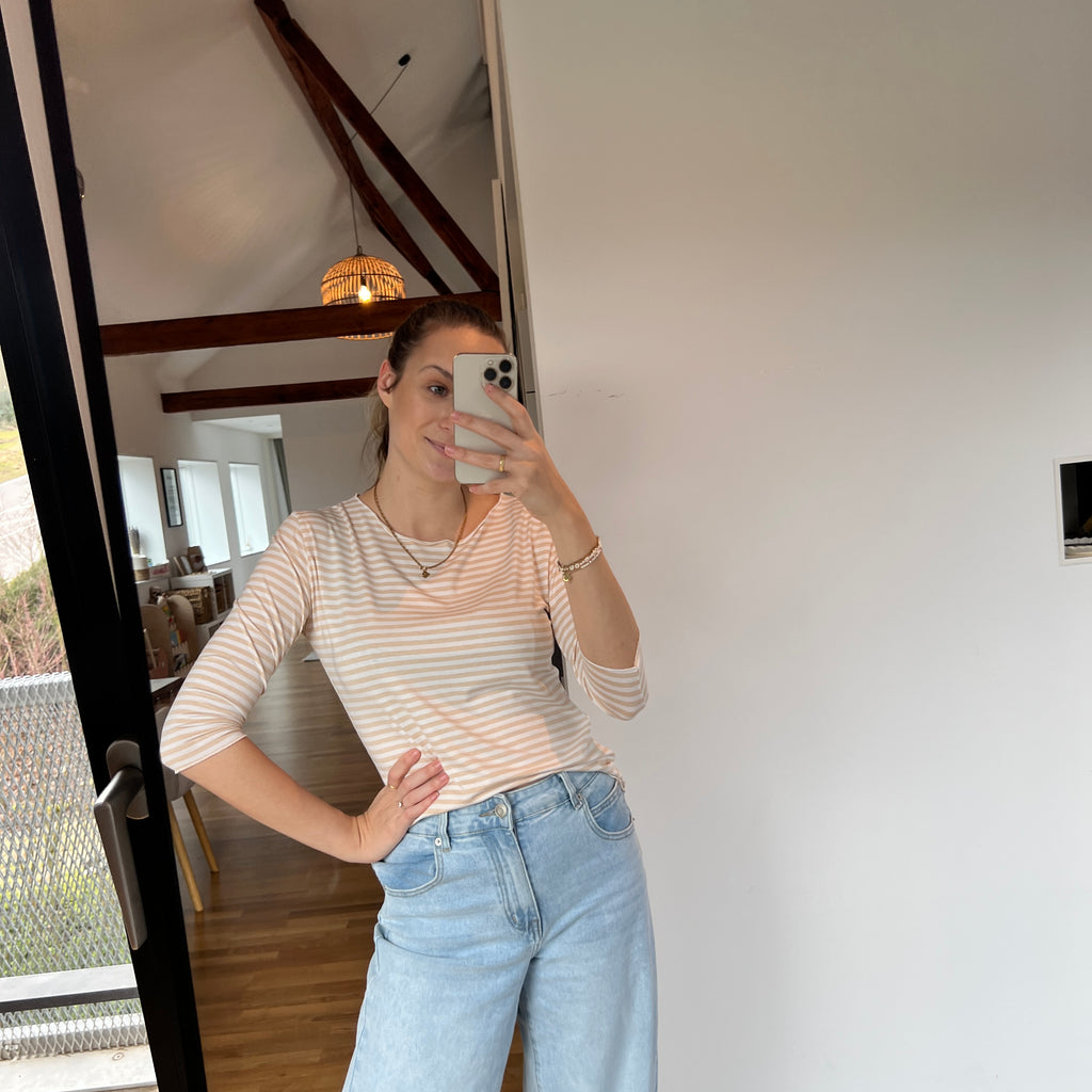 Streifenoberteil „Nola“ – Beige/Weiß