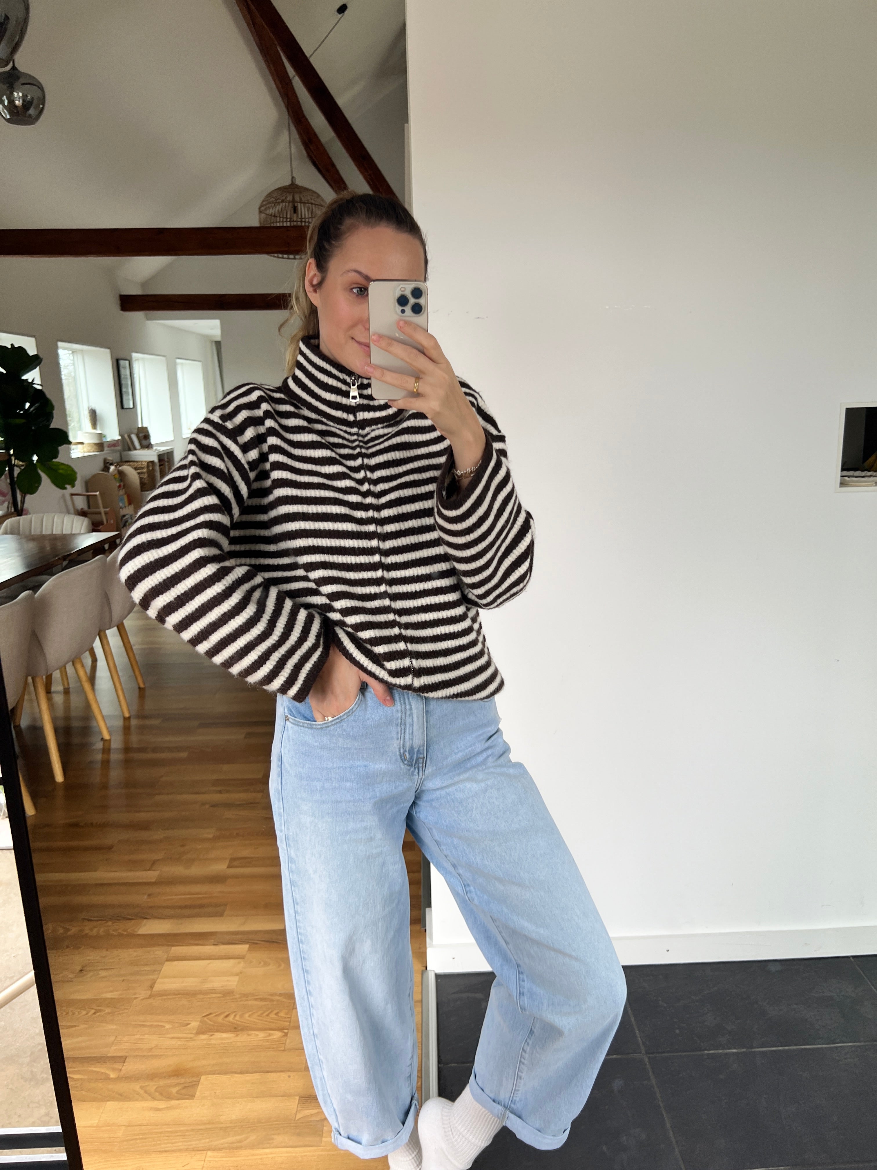 Zip-Strickjacke – Braun/Weiß gestreift