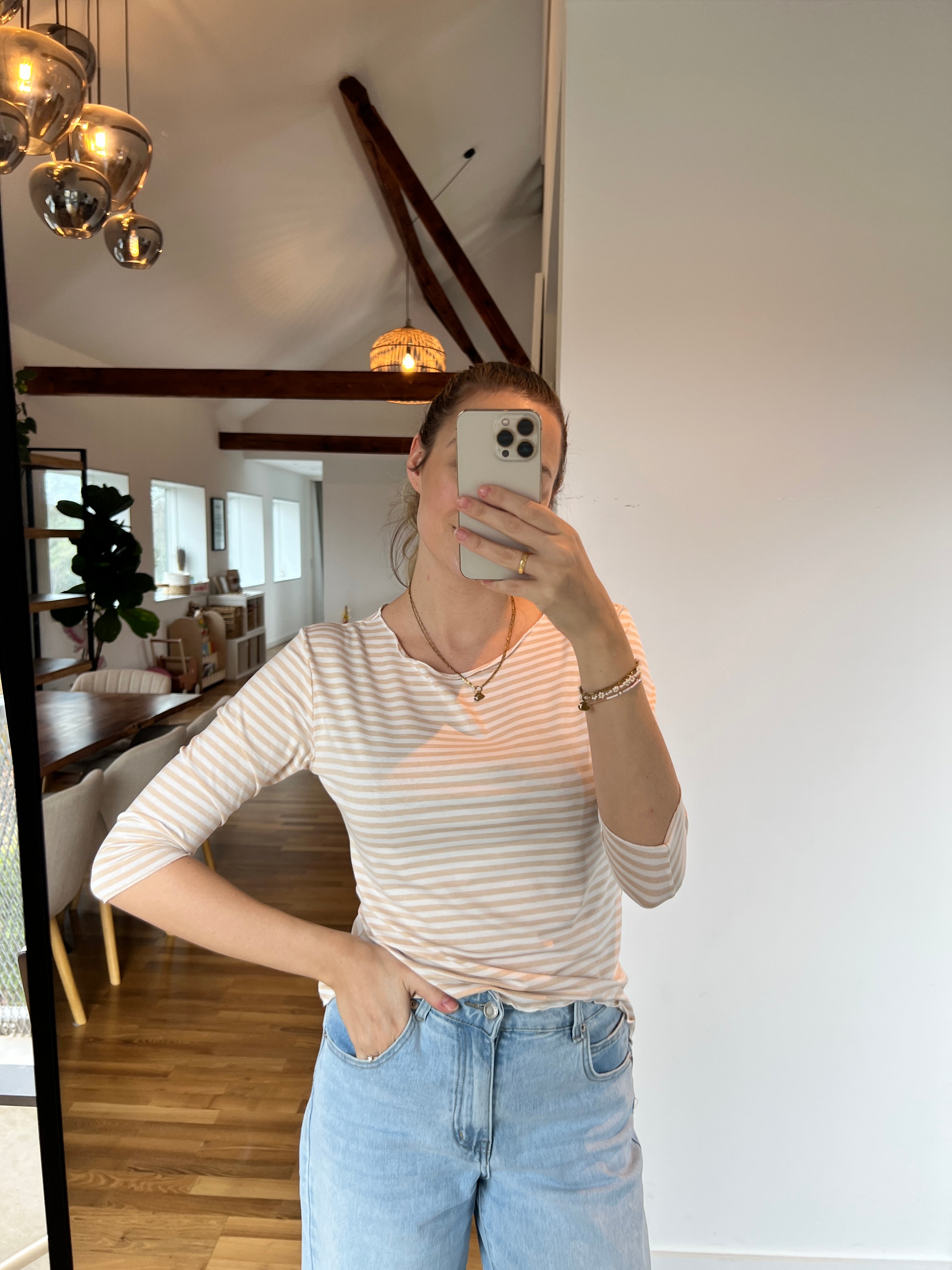 Streifenoberteil „Nola“ – Beige/Weiß