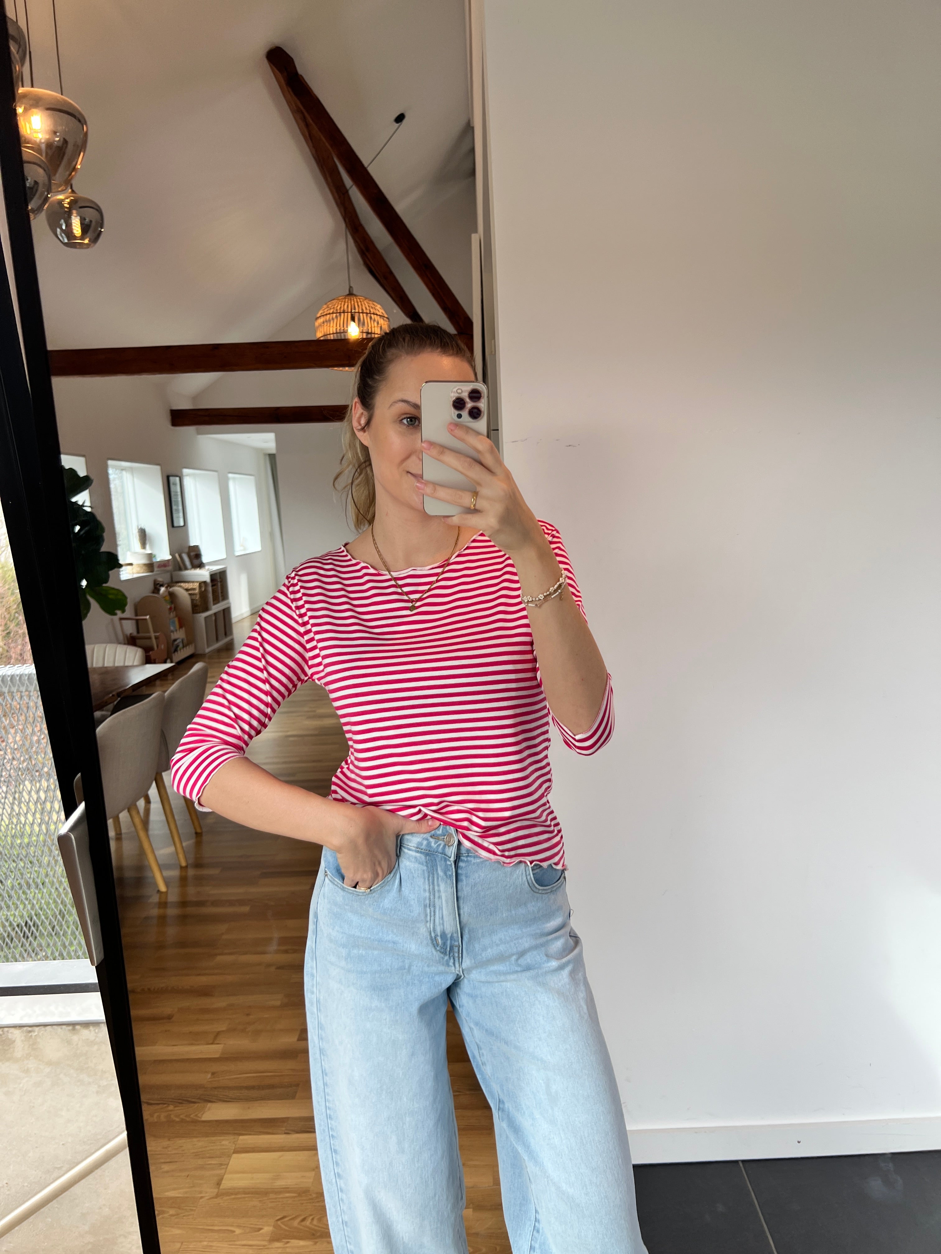 Streifenoberteil „Nola“ – Kirschrot/Weiß