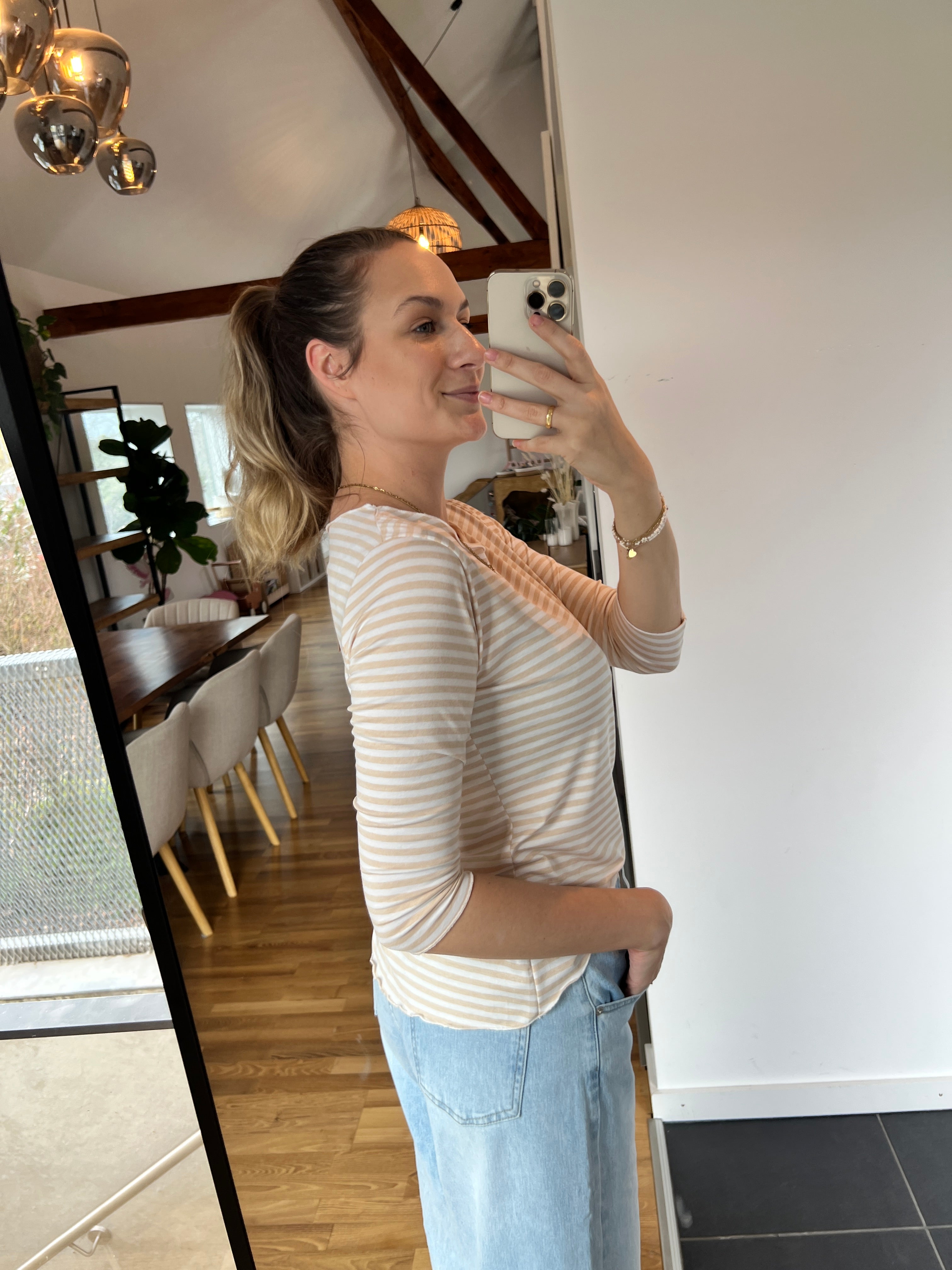 Streifenoberteil „Nola“ – Beige/Weiß