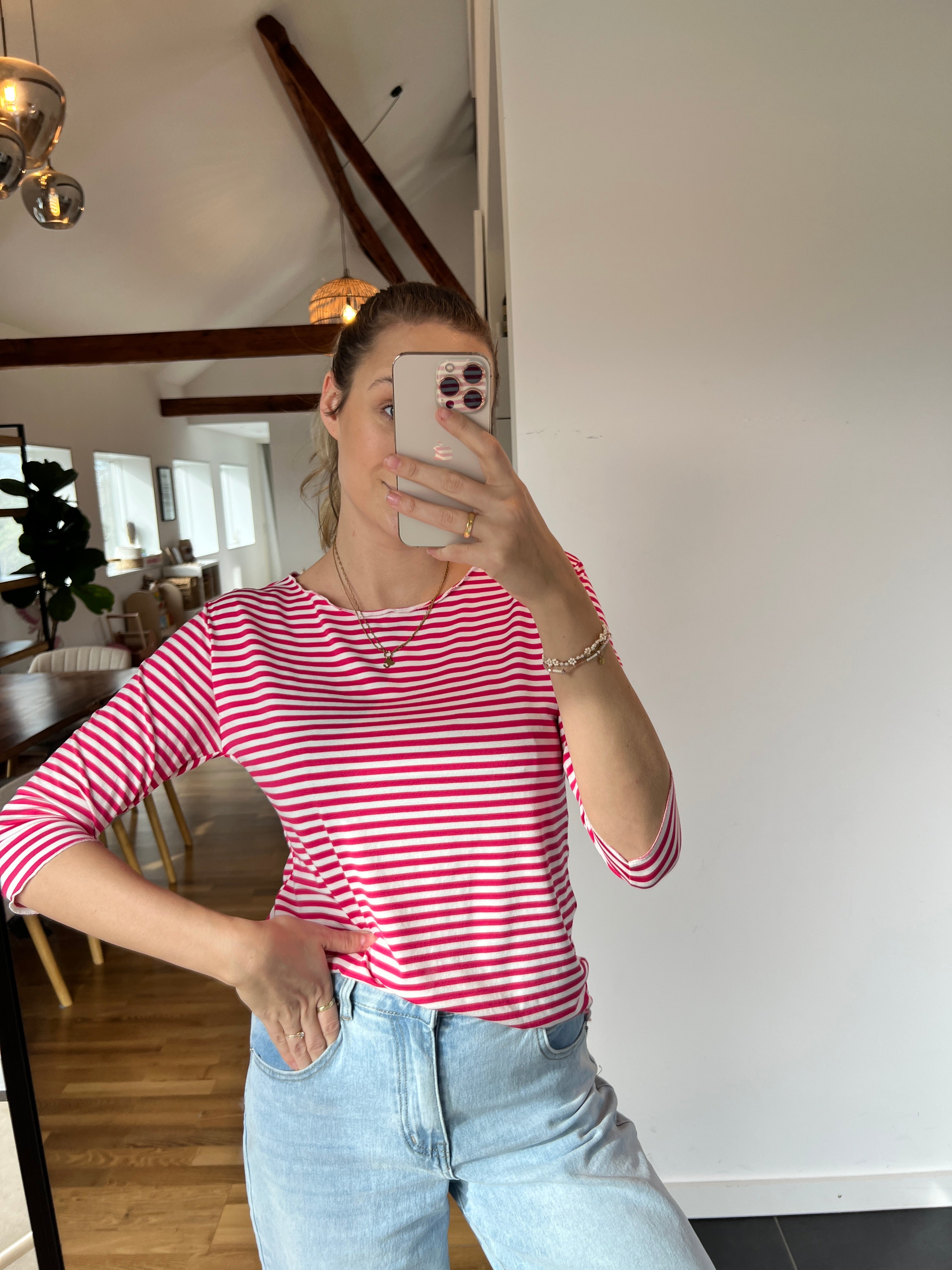 Streifenoberteil „Nola“ – Kirschrot/Weiß