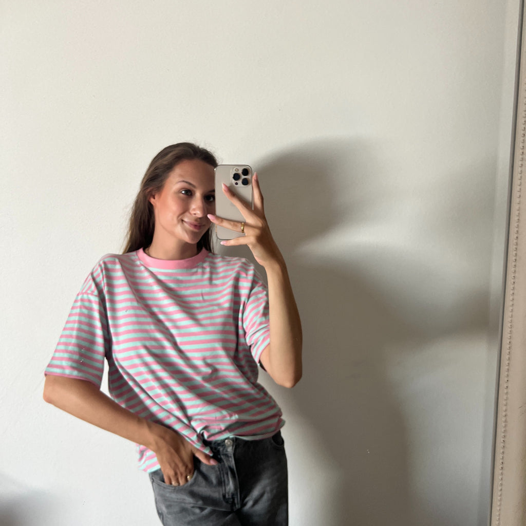 Lässiges Streifen T-Shirt – Mint/Rosa