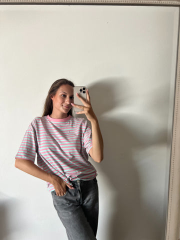 Lässiges Streifen T-Shirt – Mint/Rosa