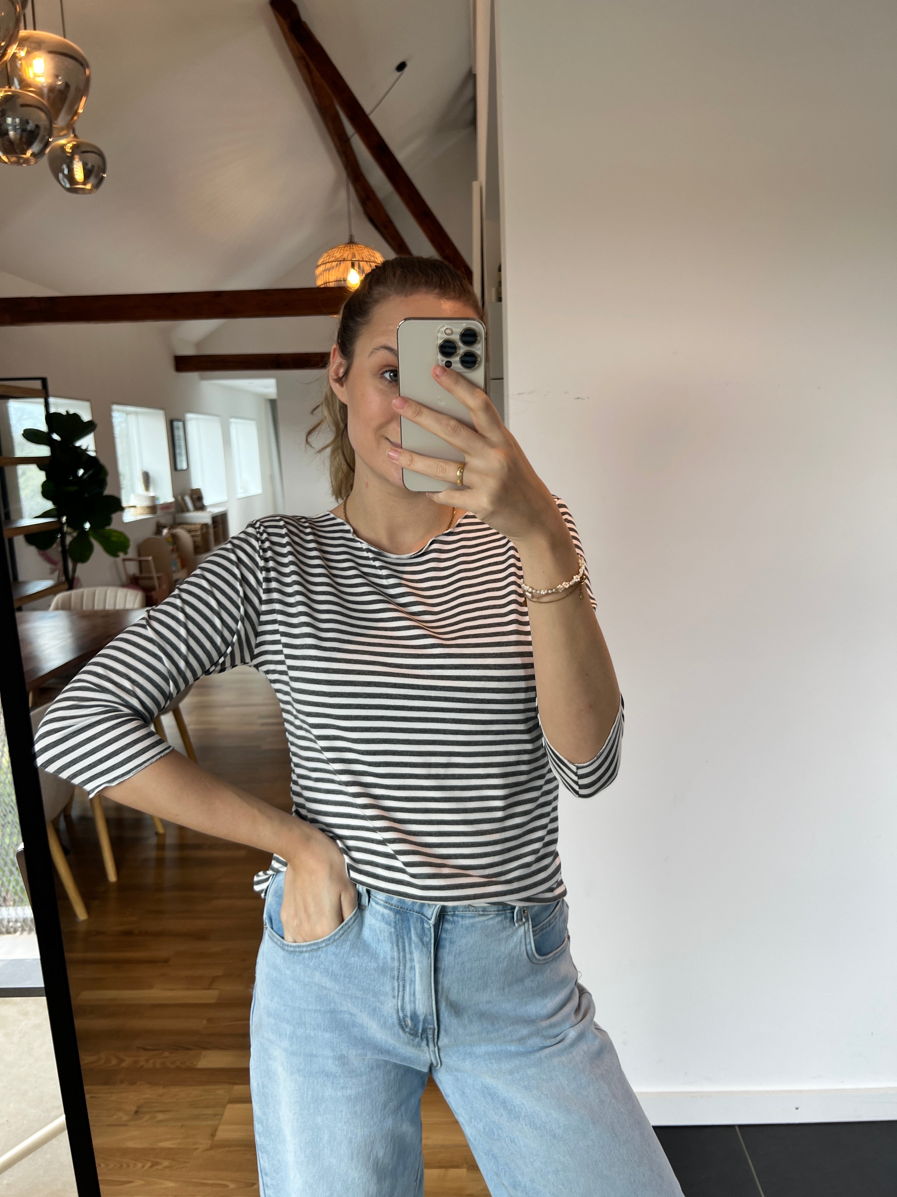 Streifenoberteil „Nola“ – Offwhite/Anthrazit (Washed Look)