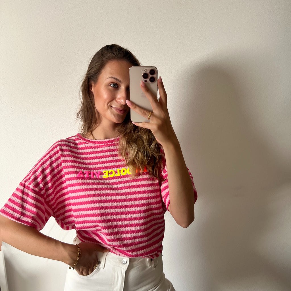 Streifen T-Shirt „La Dolce Vita“ – Rosa/Pink