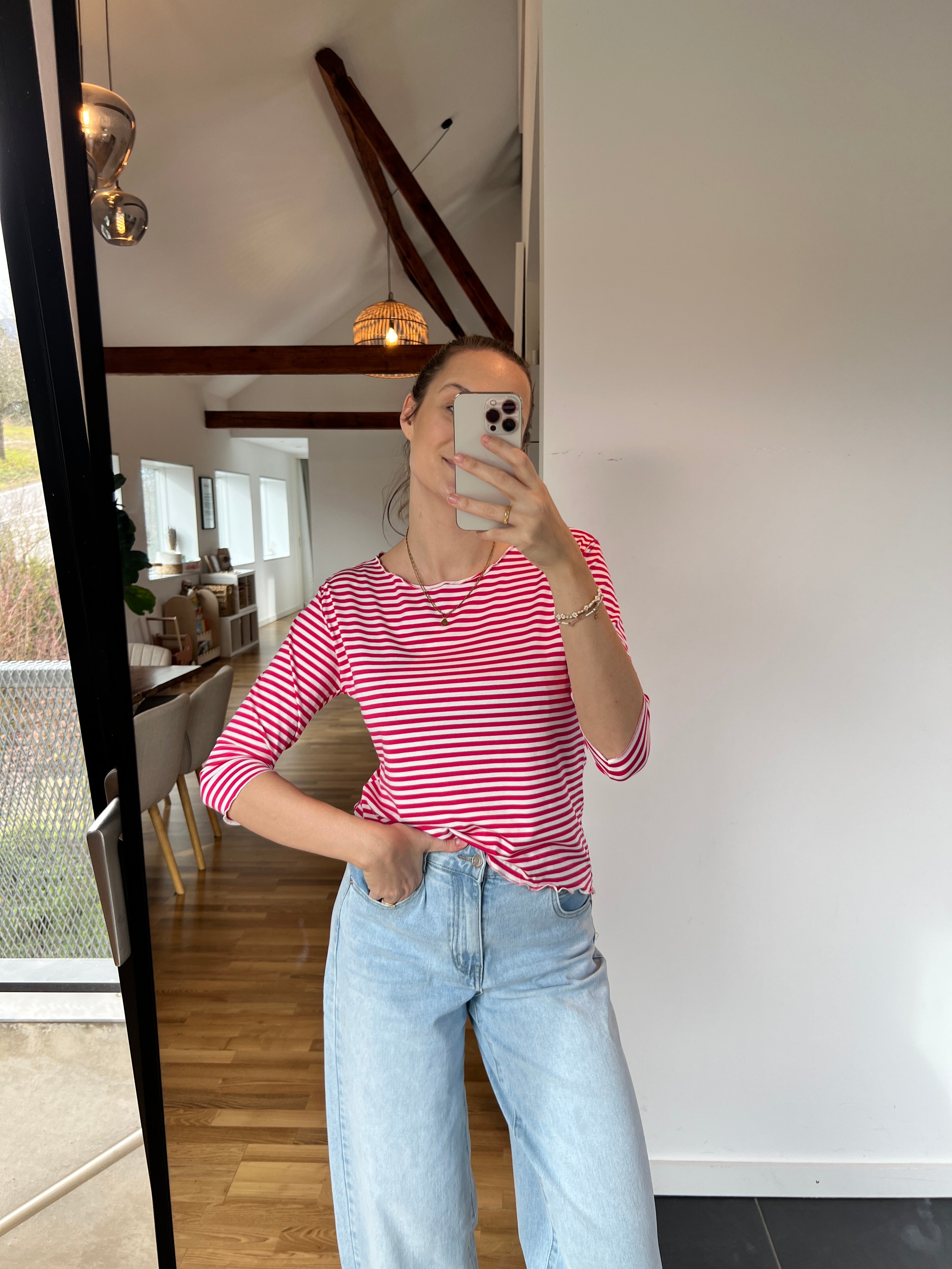 Streifenoberteil „Nola“ – Kirschrot/Weiß