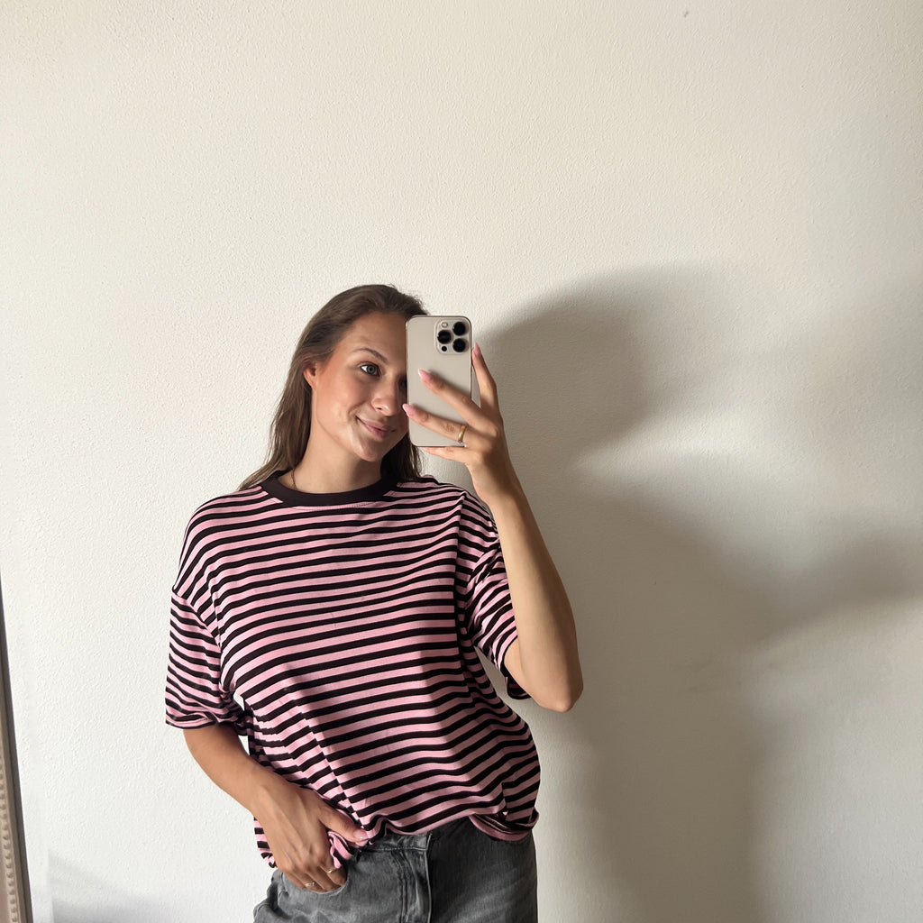 Lässiges Streifen T-Shirt – Braun/Rosa