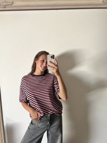 Lässiges Streifen T-Shirt – Braun/Rosa