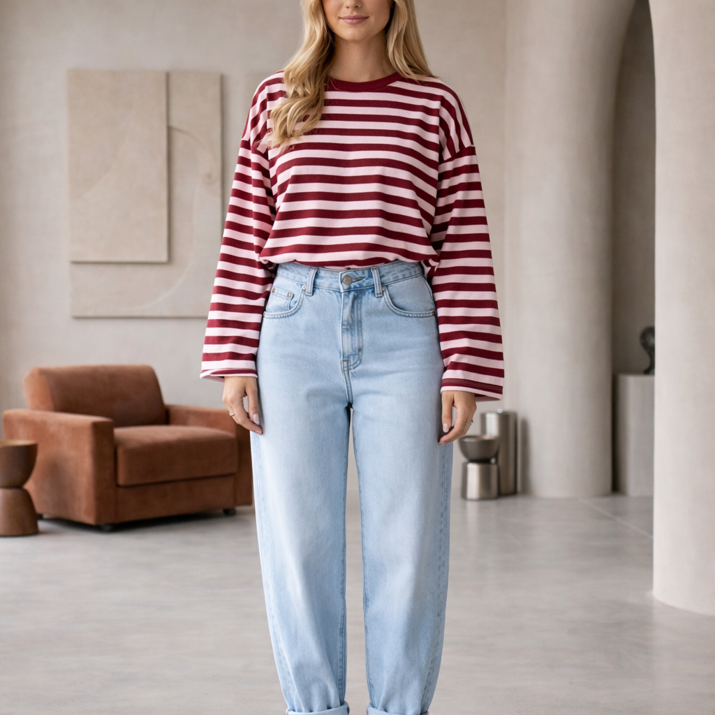 Streifenoberteil „Isa“ – Dunkelrot-Rosa