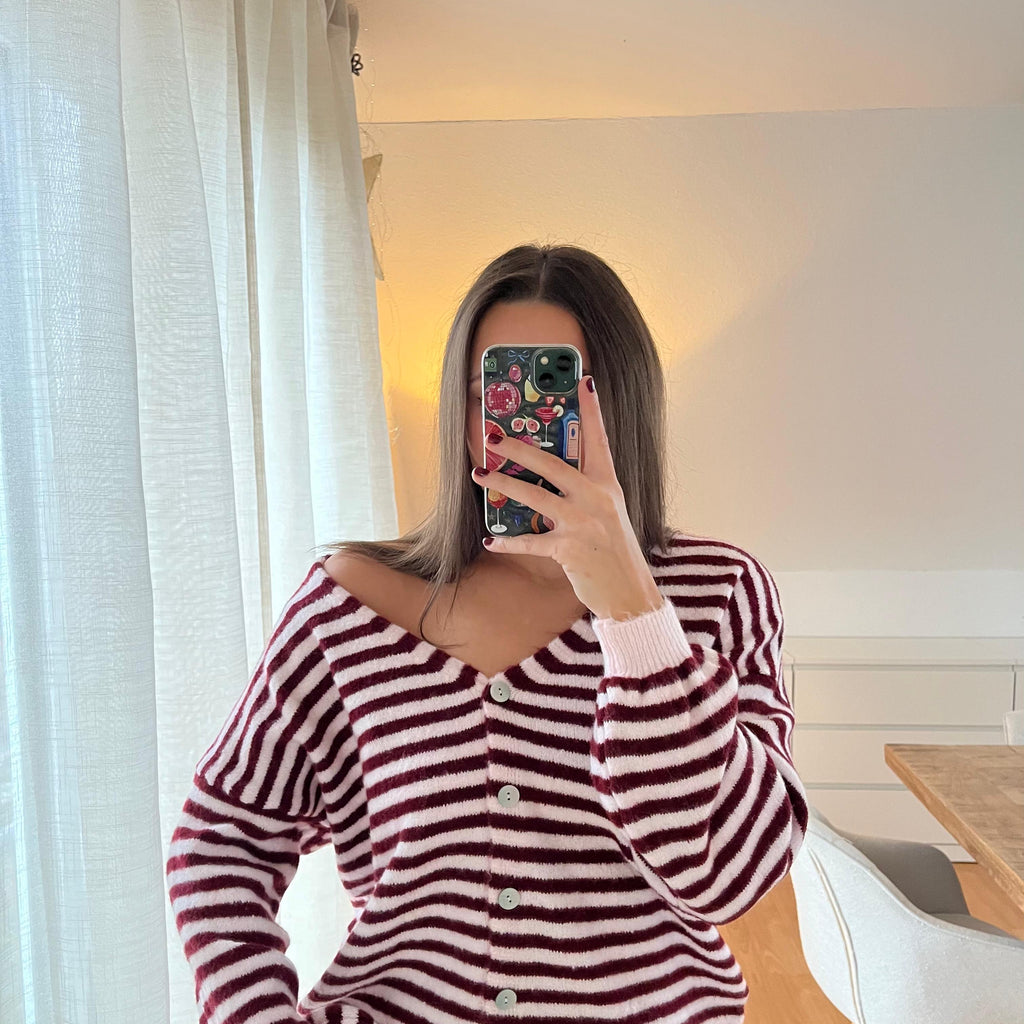 Strickjacke „Elodie“ – bordeauxrot-rosa gestreift