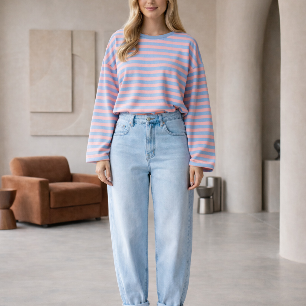 Streifenoberteil „Isa“ – Hellblau-Rosa