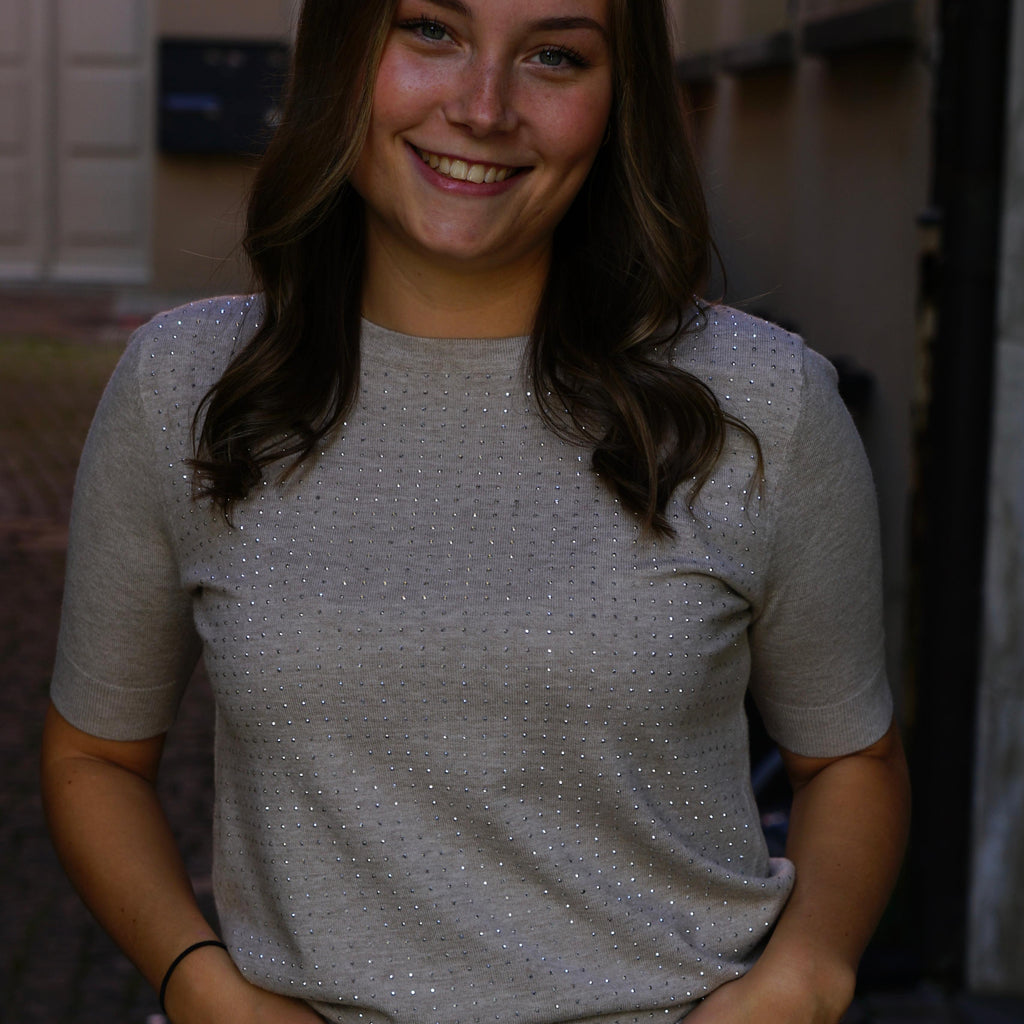 Glitzer T-Shirt – Beige mit Strassdetails