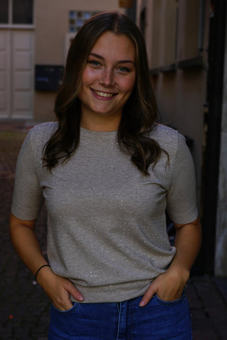 Glitzer T-Shirt – Beige mit Strassdetails