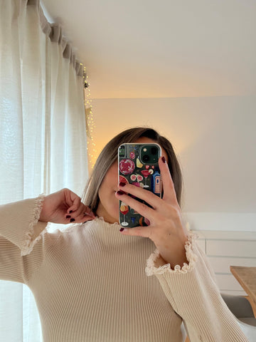 Basic Ripp Longsleeve „Nelli“ mit Spitzen-Detail – Beige