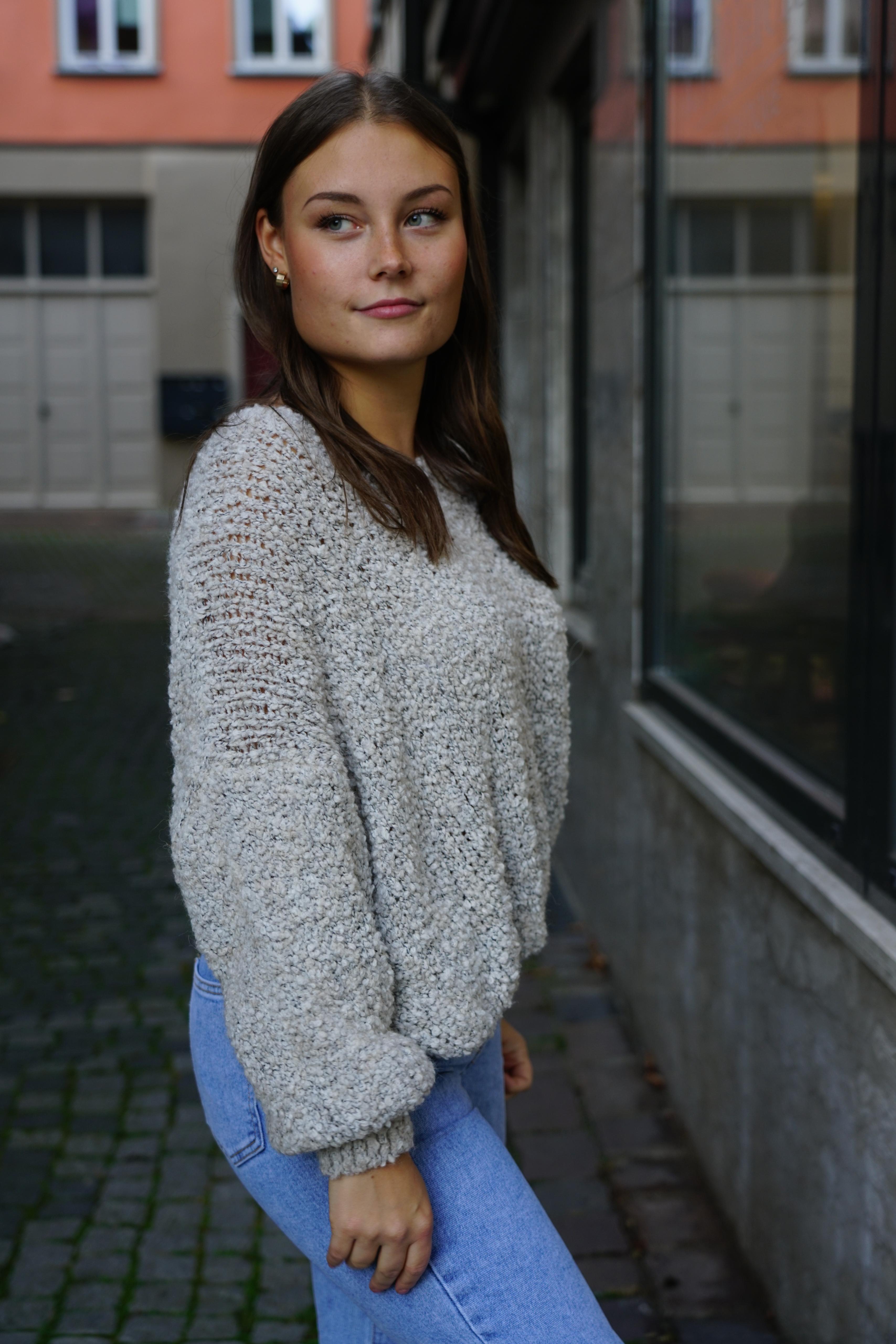 Strickpullover mit V-Ausschnitt in Wollweiß und Beige/Grau – Perfekt für den Alltag