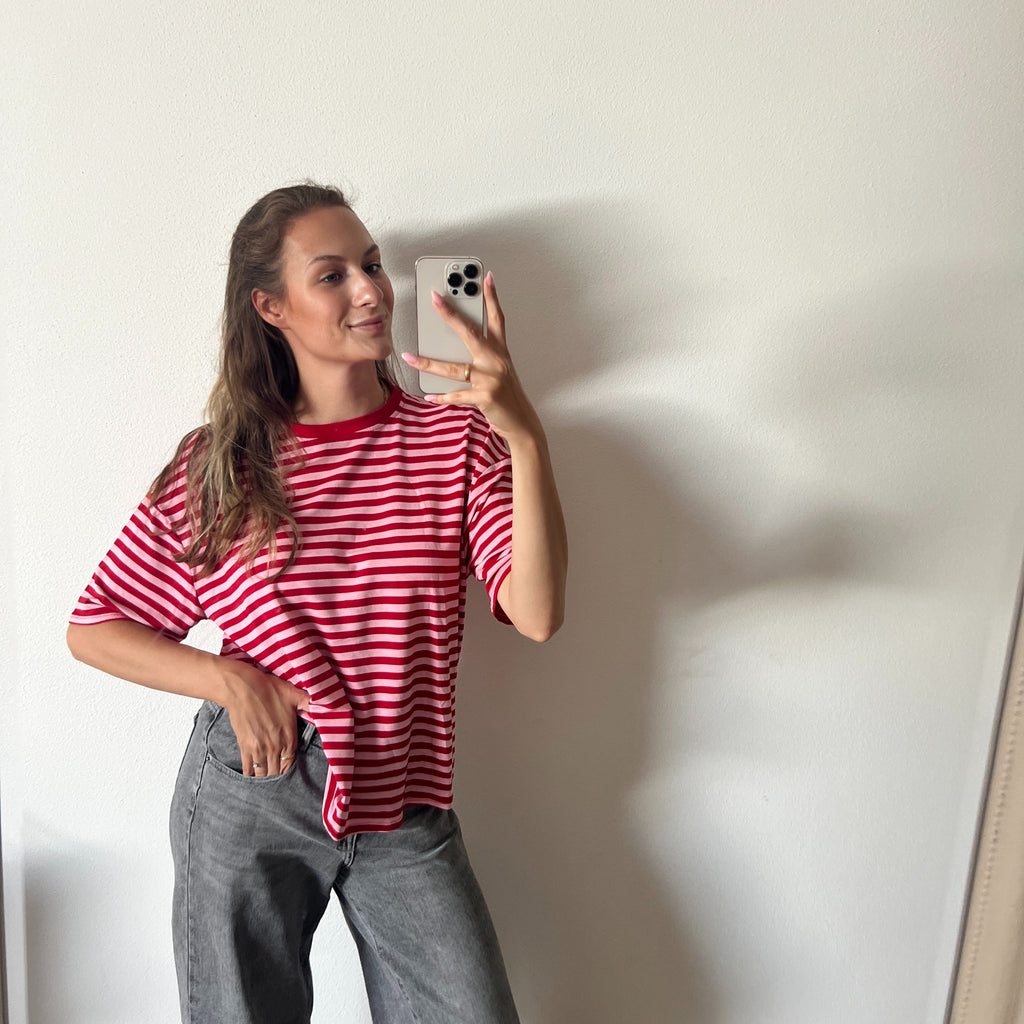 Lässiges Streifen T-Shirt – Rot/Rosa