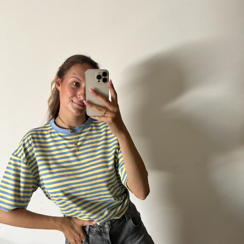 Lässiges Streifen T-Shirt – Hellblau/Gelb