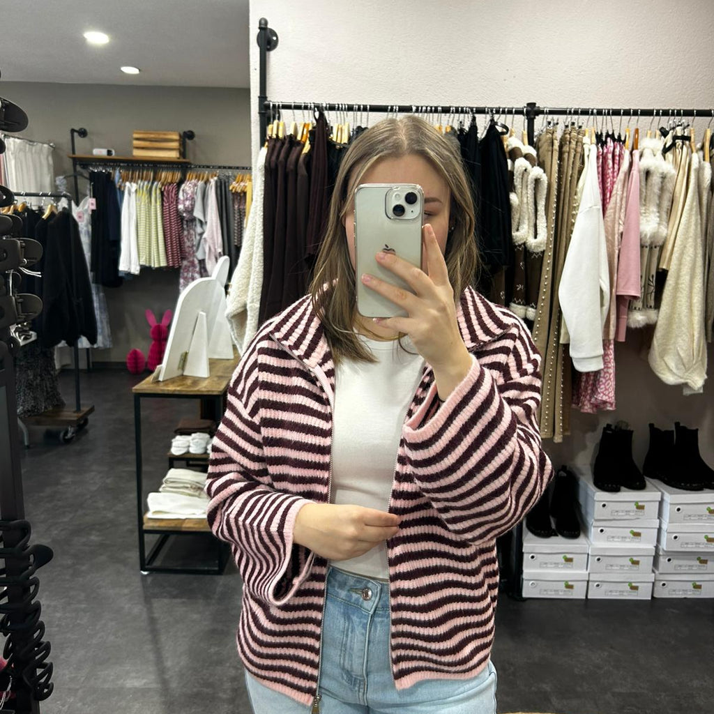 Zip-Strickjacke – Rosa/Bordeaux gestreift