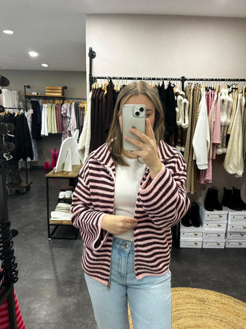 Zip-Strickjacke – Rosa/Bordeaux gestreift