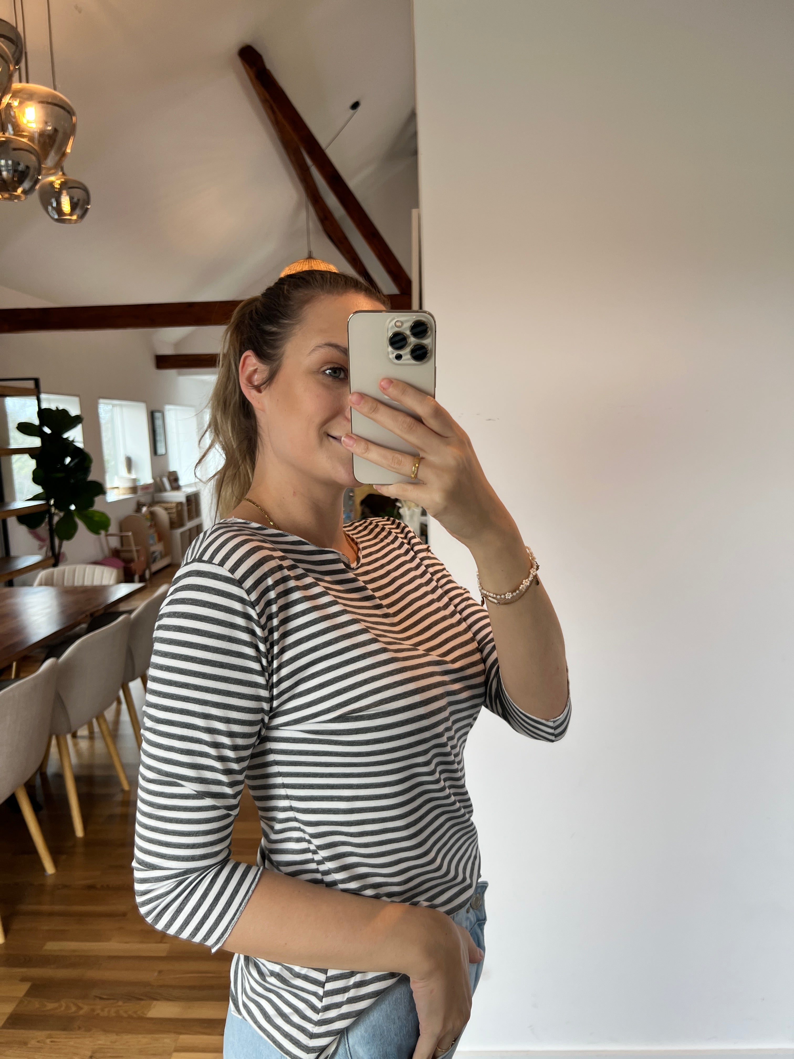 Streifenoberteil „Nola“ – Offwhite/Anthrazit (Washed Look)