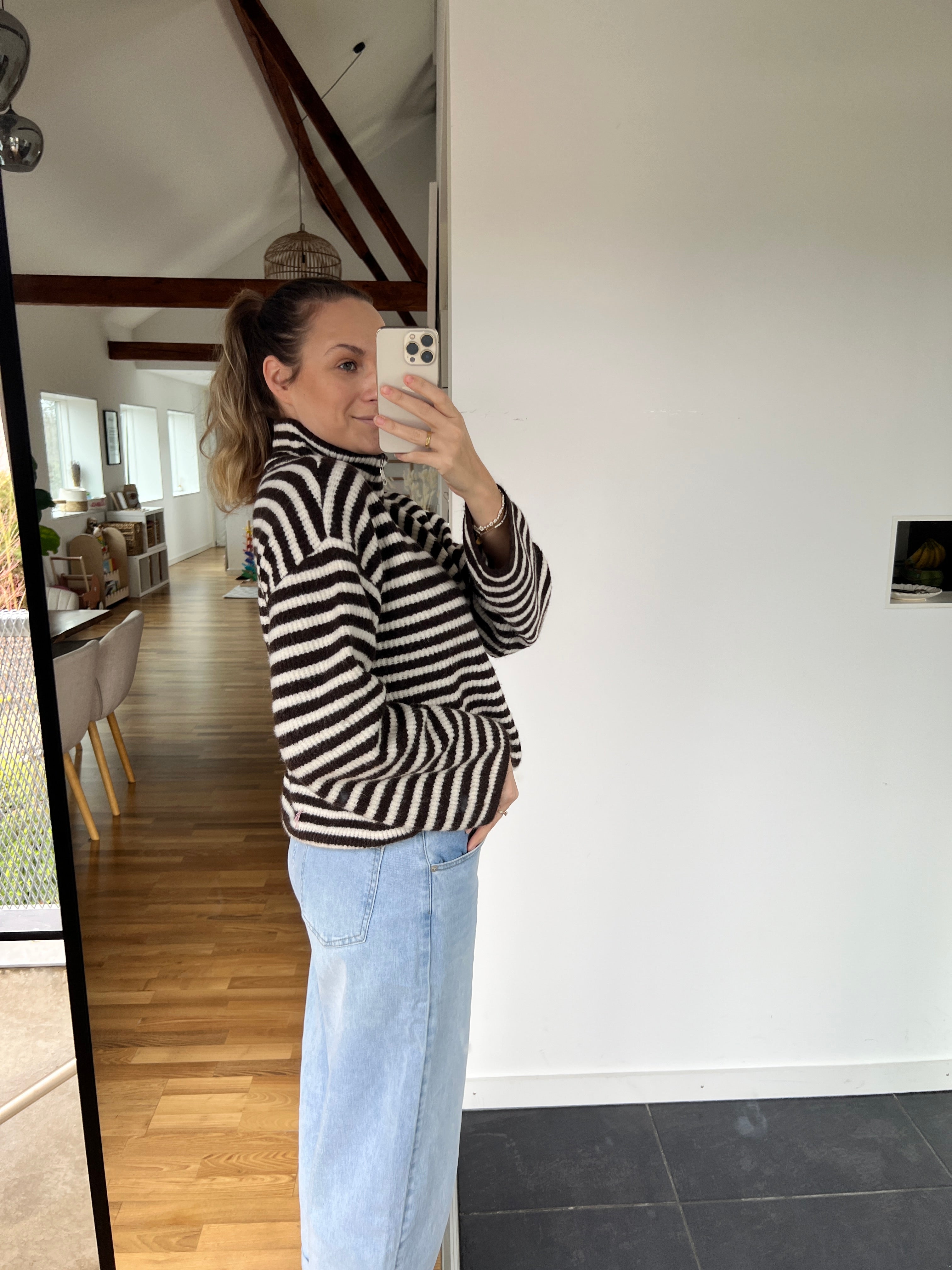 Zip-Strickjacke – Braun/Weiß gestreift