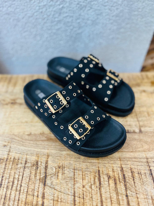 Two-strap sandal with metal eyelets