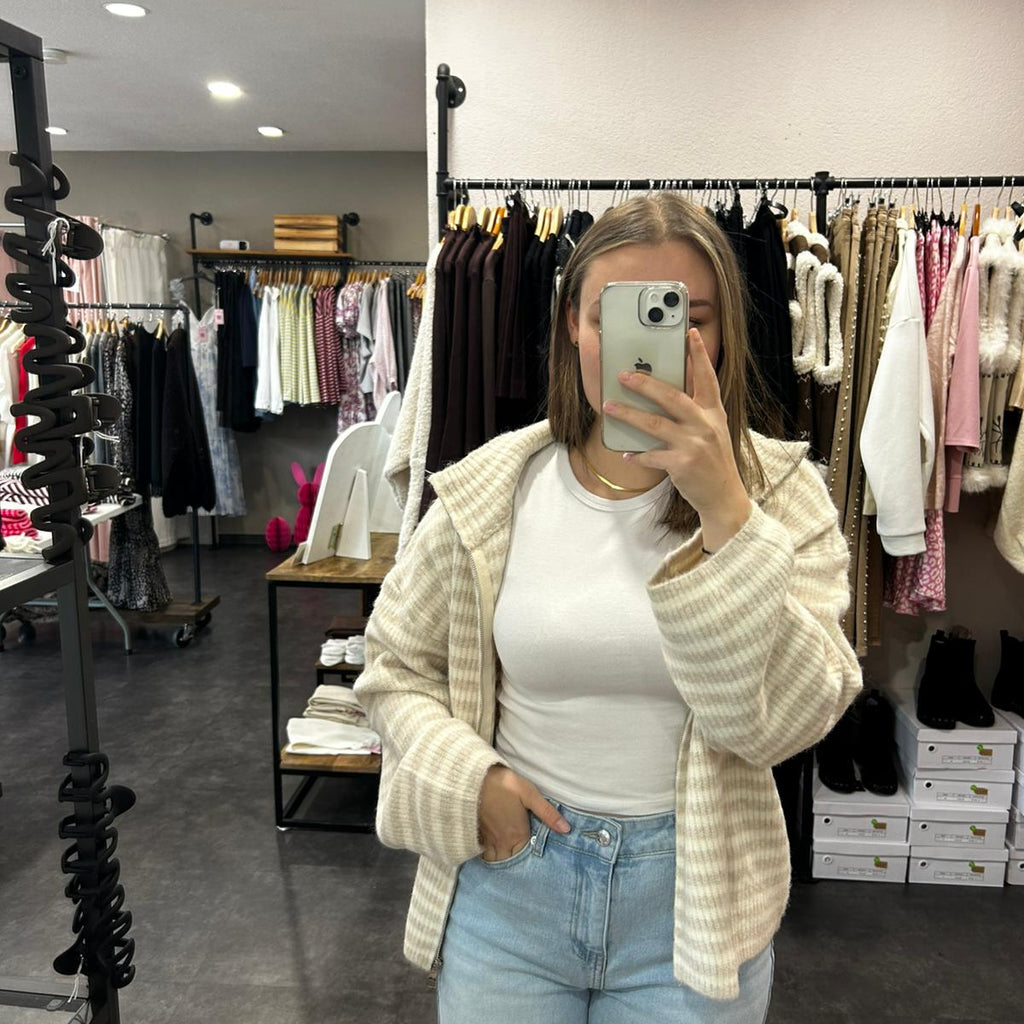 Zip-Strickjacke – Beige/Weiß gestreift