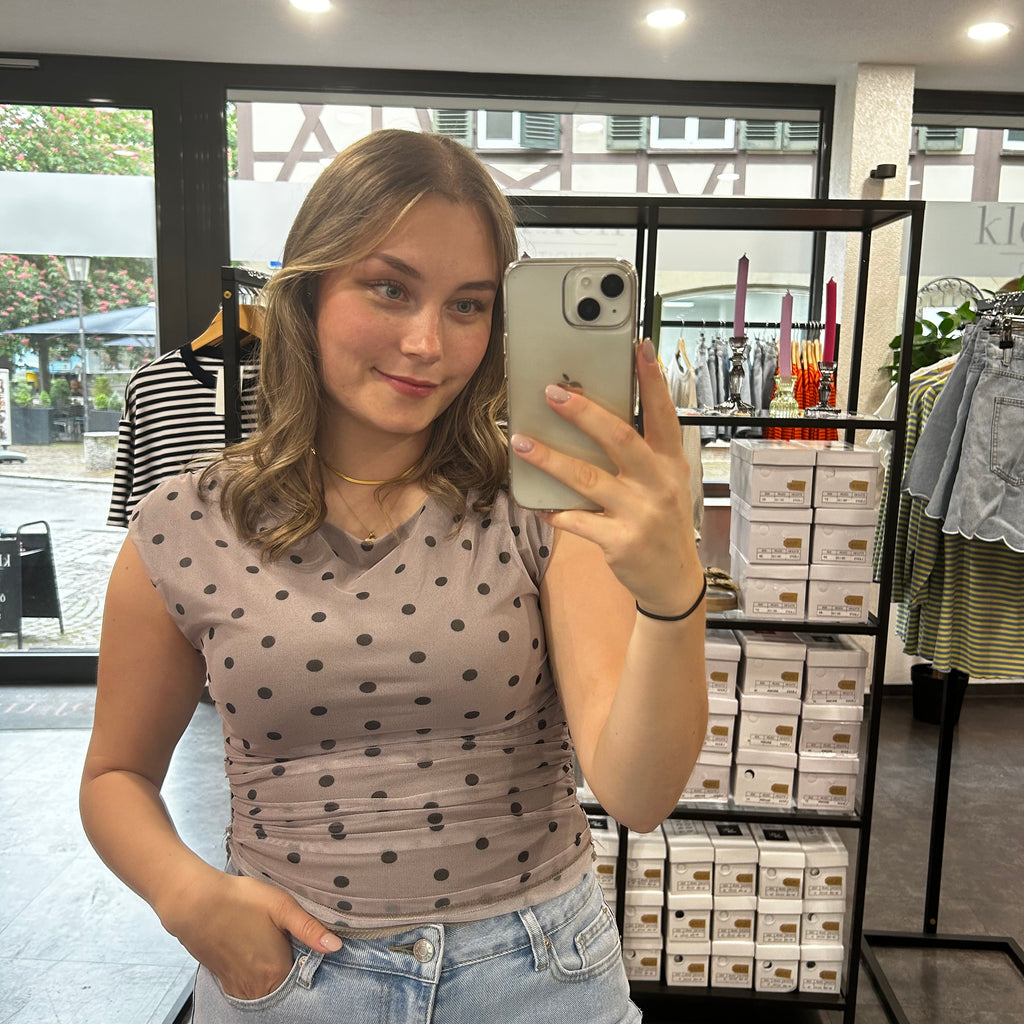 Mesh-Top mit Punkte Muster – Taupe/Schwarz