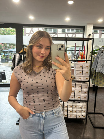Mesh-Top mit Punkte Muster – Taupe/Schwarz