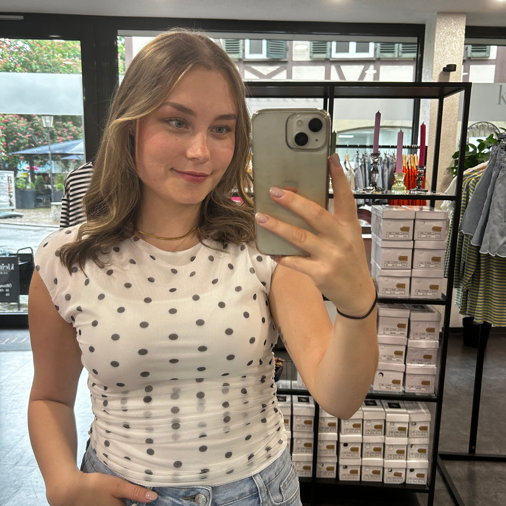 Mesh-Top mit Punkte Muster – Weiß/Schwarz