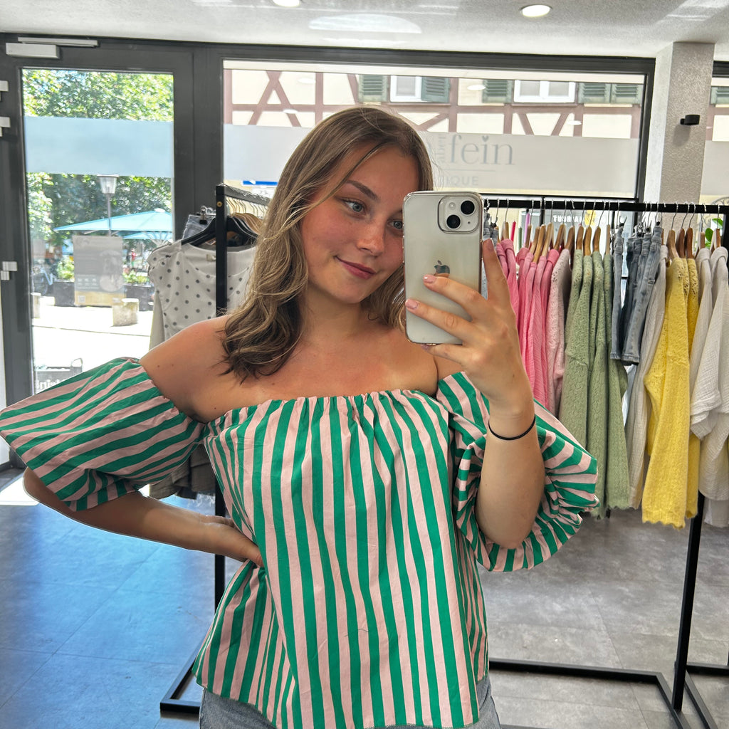 Off-Shoulder Bluse - Grün/rosa