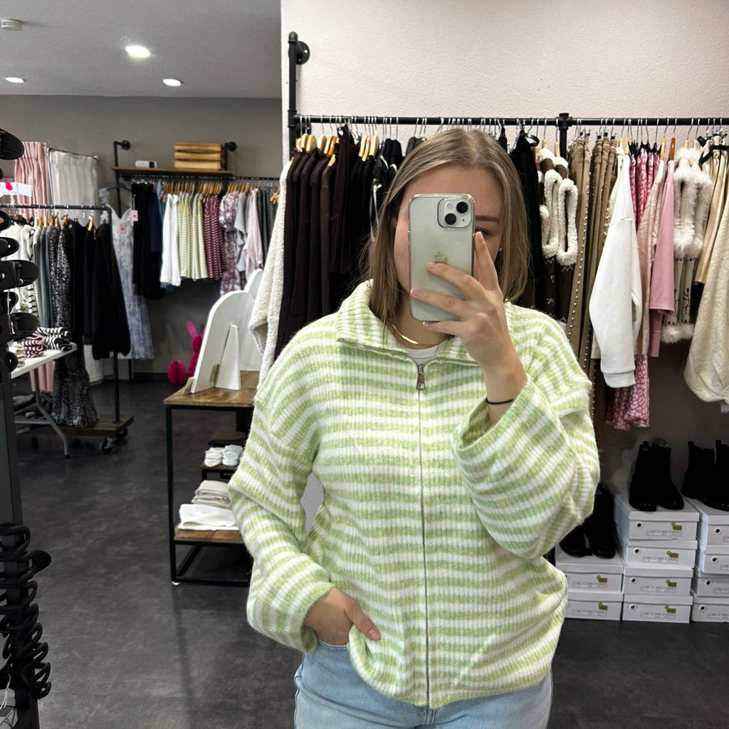 Zip-Strickjacke – Grün/Weiß gestreift