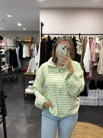 Zip-Strickjacke – Grün/Weiß gestreift