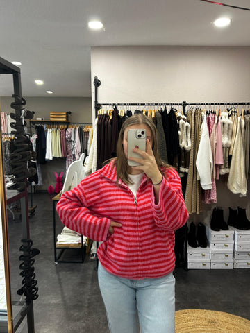 Zip-Strickjacke – Rosa/Rot gestreift