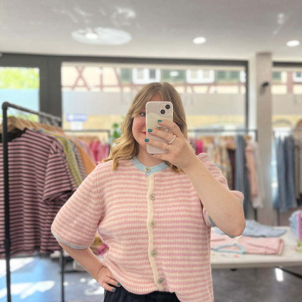 Kurzarm-Strickjäckchen gestreift - Rosa/Weiß