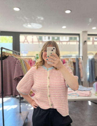 Kurzarm-Strickjäckchen gestreift - Rosa/Weiß