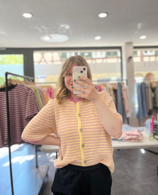 Short-sleeved striped knit cardigan