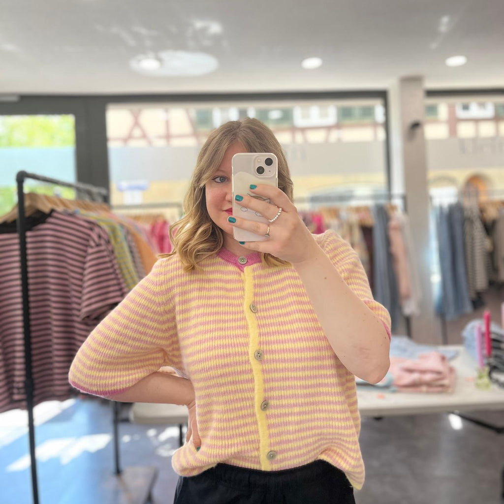 Kurzarm-Strickjäckchen gestreift - Gelb/Rosa